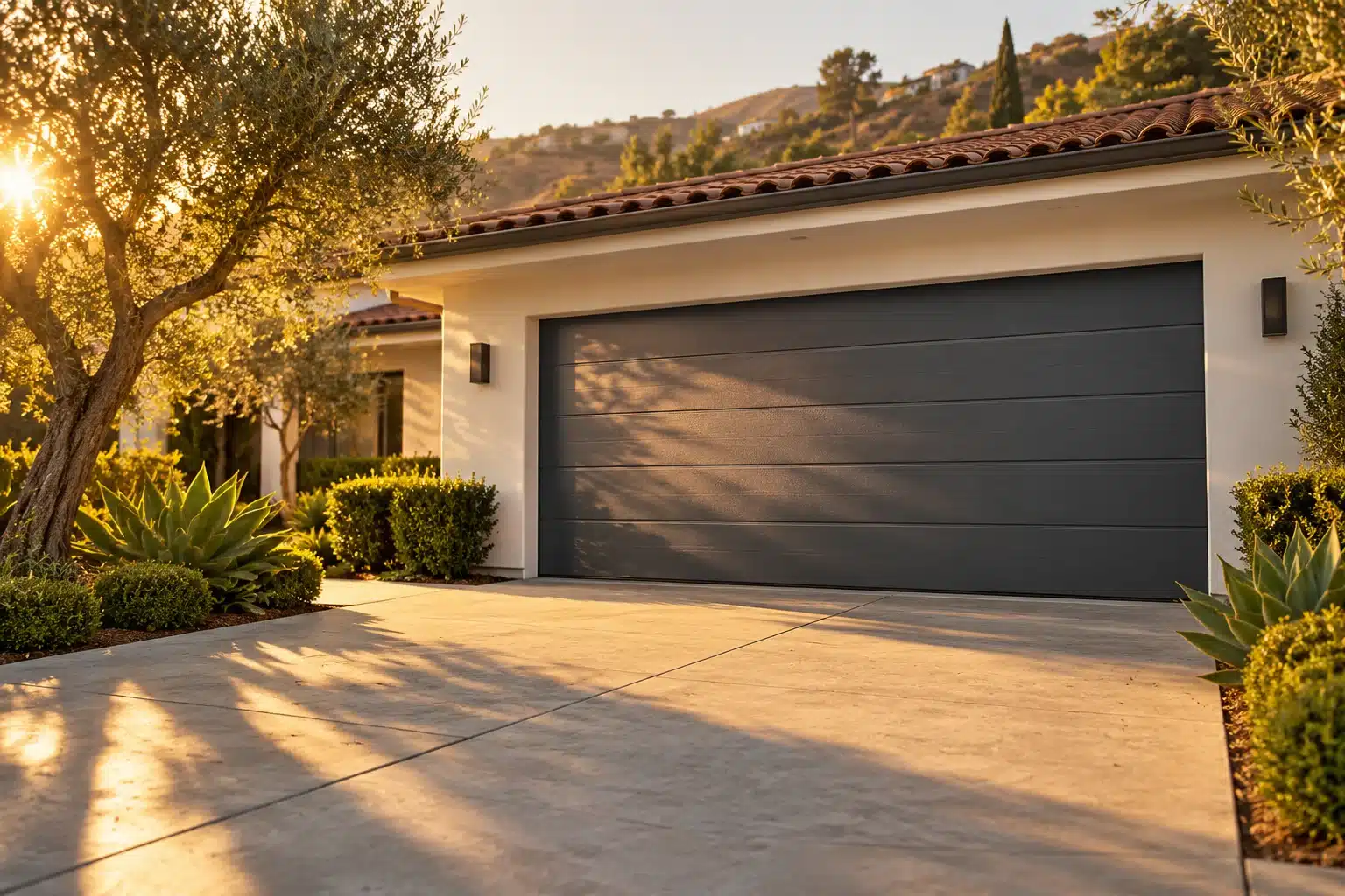 Electric gate maintenance Woodland Hills driveway entrance at dusk