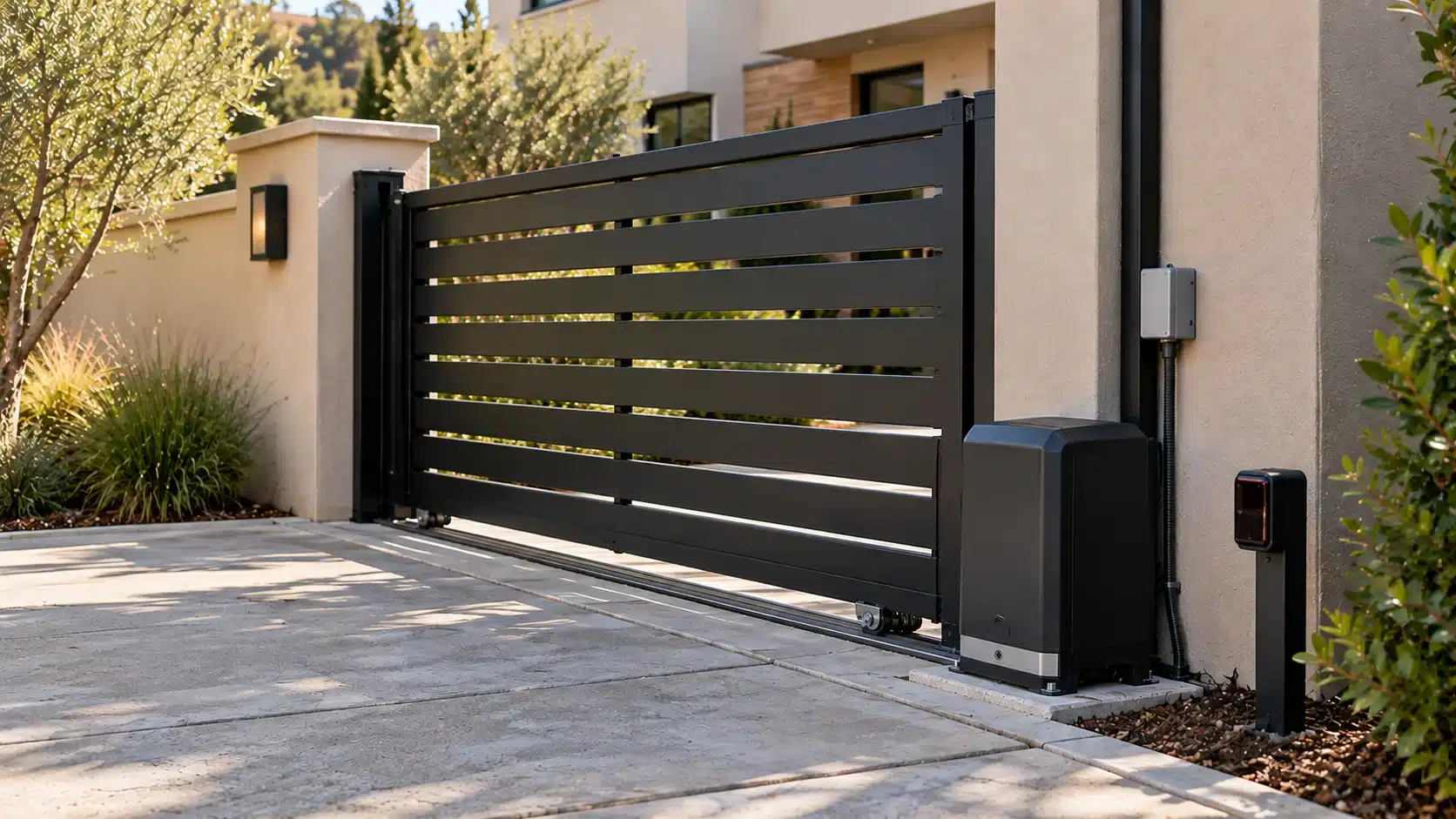 Close-up of automatic sliding gate hardware, motor and safety sensor