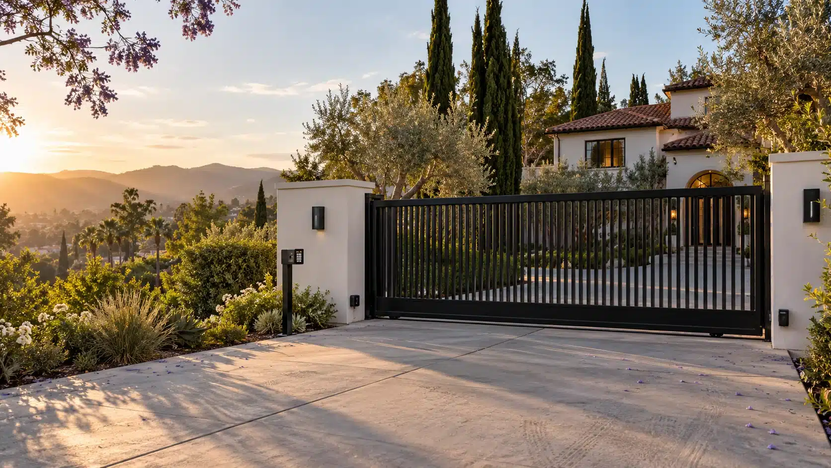 Electric gate repair Beverly Hills: black iron driveway gate at an estate entrance