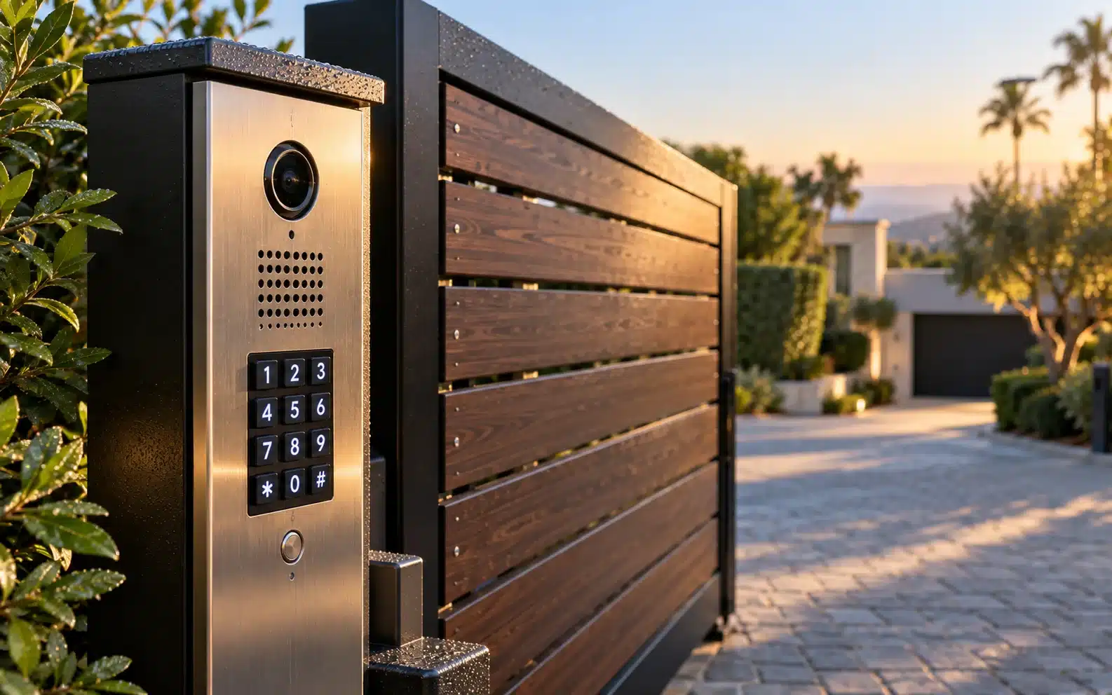 Electric gate opener arm and photo eye safety sensor on a stucco pillar