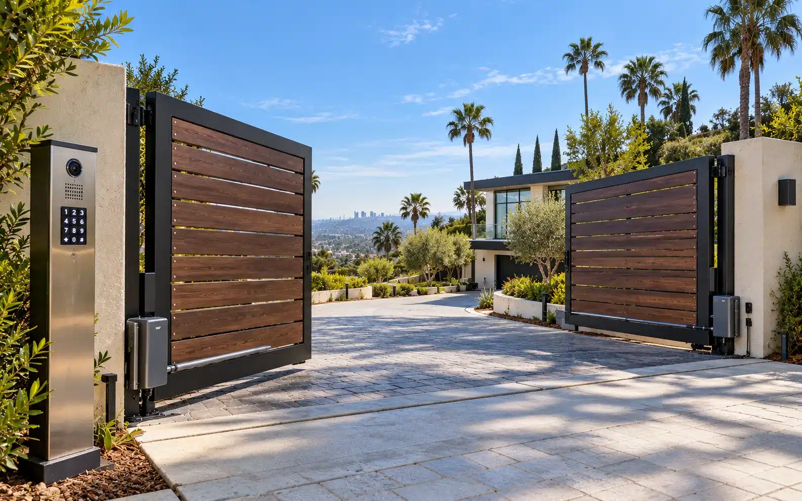 Automatic wood slat driveway gate with keypad at a Los Angeles home