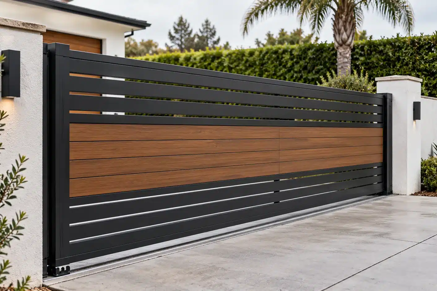 Sliding gate on a clean track along a driveway, a common electric gate repair Pasadena topic