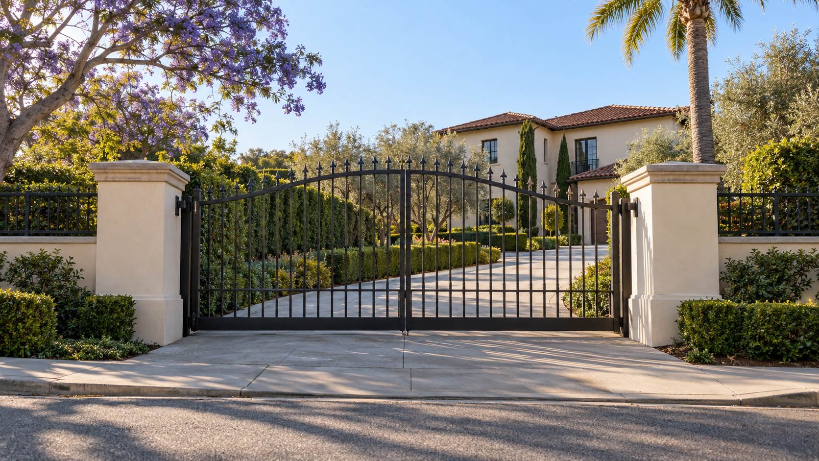 Elegant black metal gates lead to a large beige house, perfect for electric gate repair Westwood