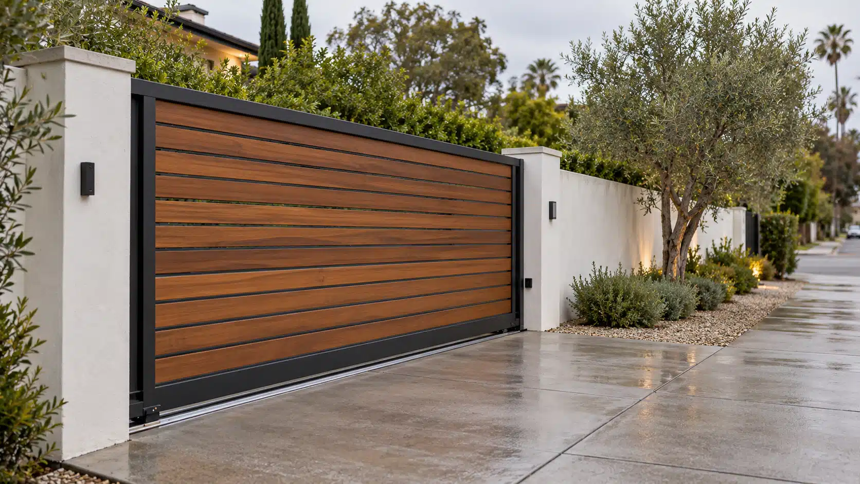 Sliding driveway gate in a stucco wall, a common job for electric gate repair Westwood