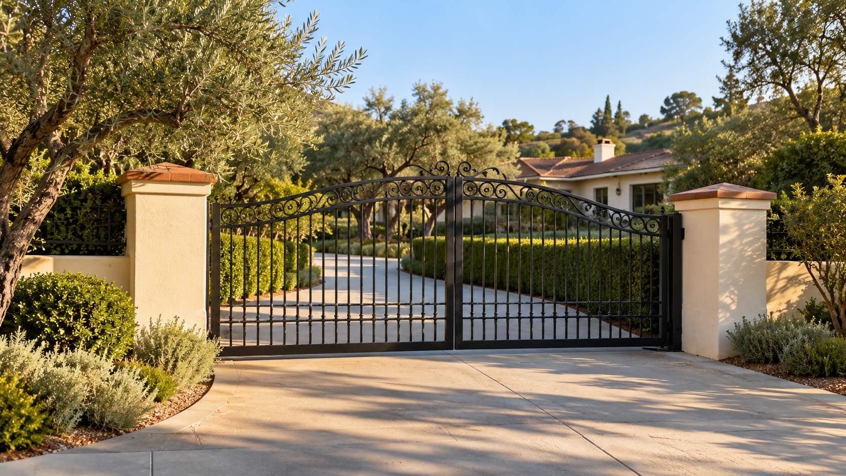 Wrought iron gates open onto a driveway at a house