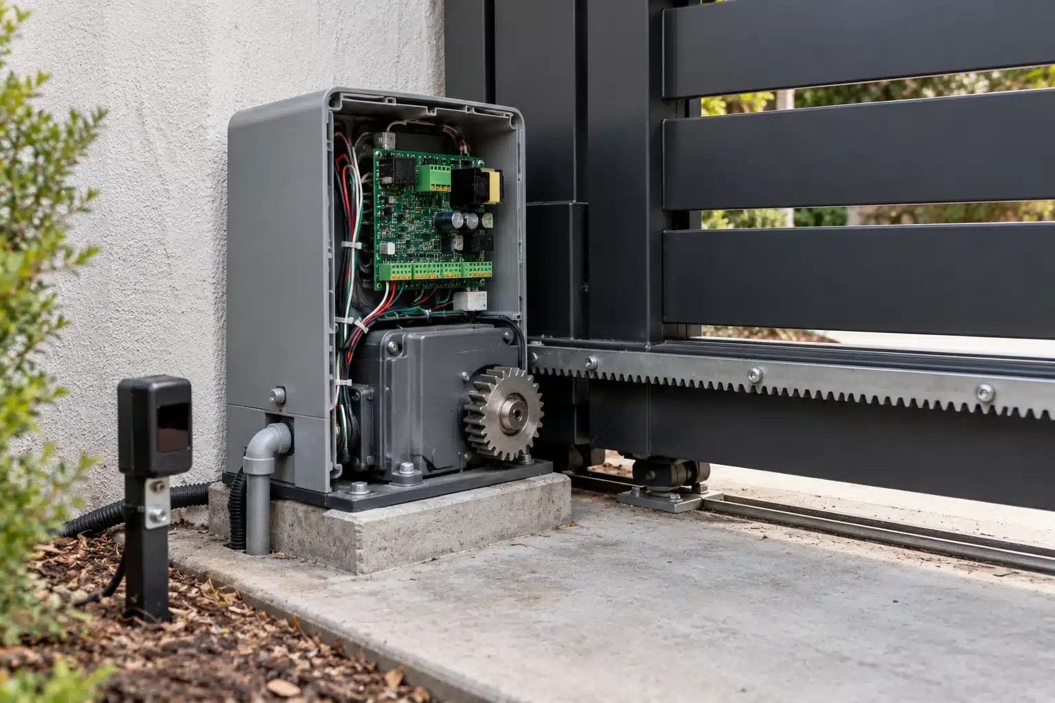 Gate operator control board and drive gear inside an opened sliding gate motor housing